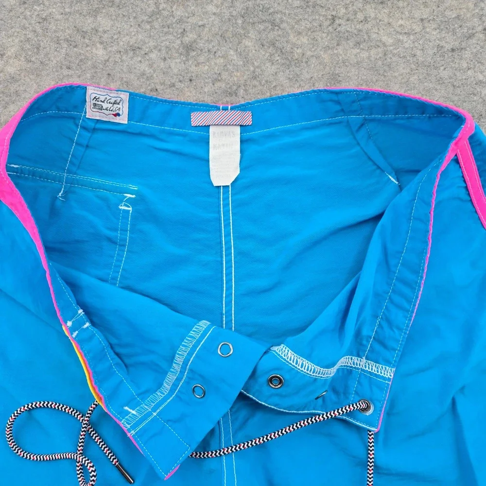 Katin Mens Board Shorts Size 32 Blue Pink Nylon Surf Trunks Made in USA Snap Fly